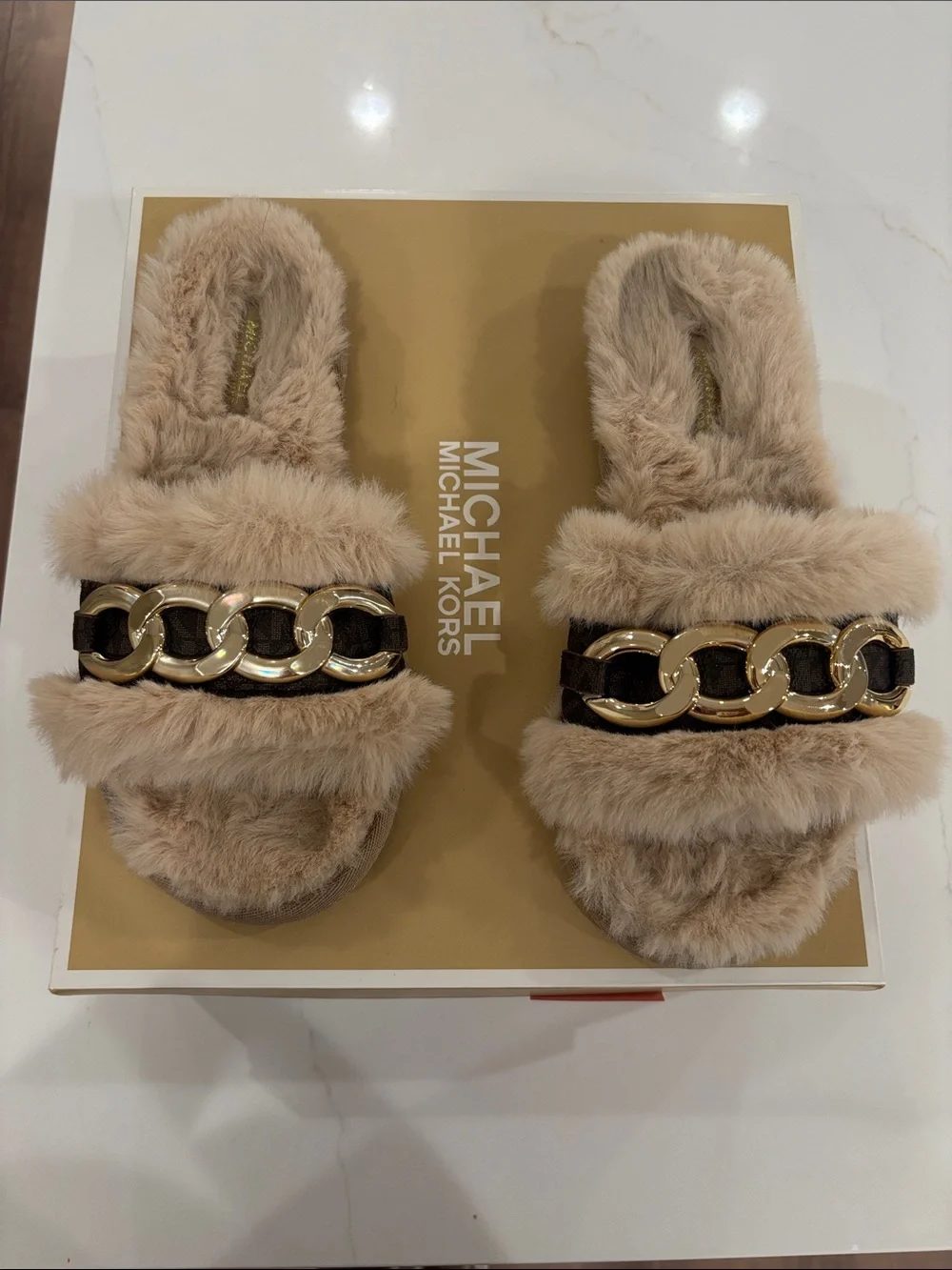 Michael Kors Plush Tan Faux-Fur Slide Sandals with Gold Chain Detail